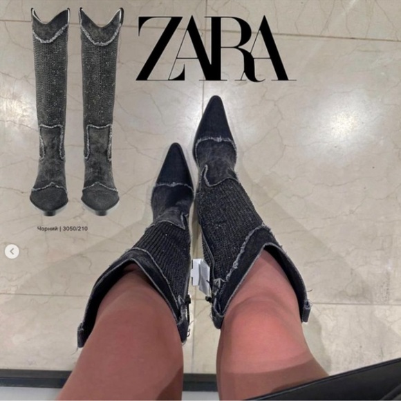Zara Rhinestone Denim Cowboy Boots - Picture 2 of 10